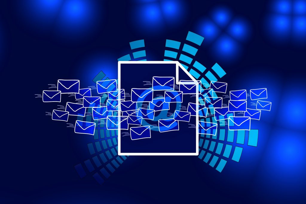 Blue image depicting multiple emails being sent out (by geralt via Pixabay). Blog topic: Email Marketing for Architects and the Value of an Architect's Email List.