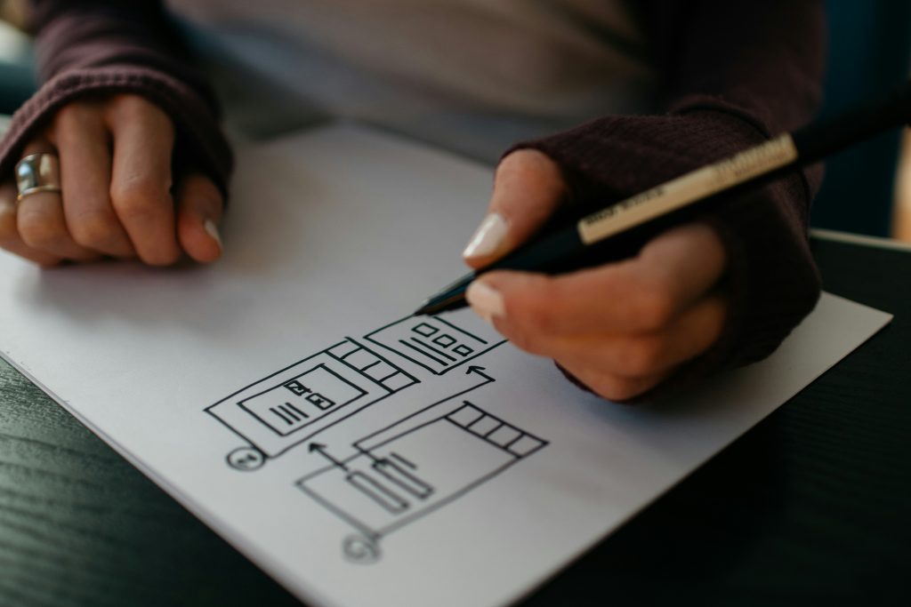 Woman's hands drawing a wireframe or an email/content plan (by Kella Sikkema via Unsplash). 