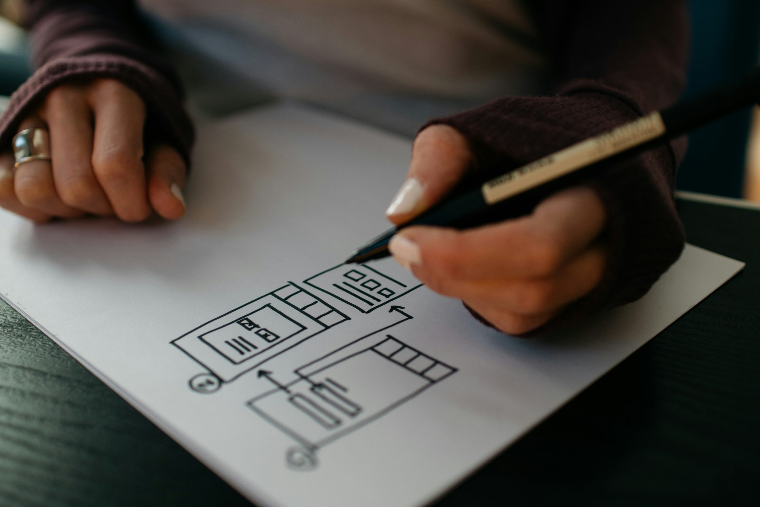 Woman's hands drawing a wireframe or an email/content plan (by Kella Sikkema via Unsplash)